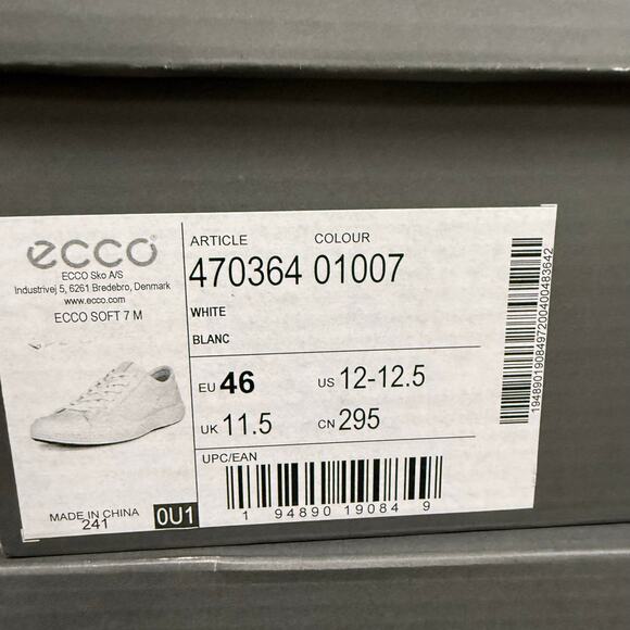 ECCO MEN\'S 46 SOFT 7 TRIPLE WHITE LEATHER SNEAKER NIB 47036401007